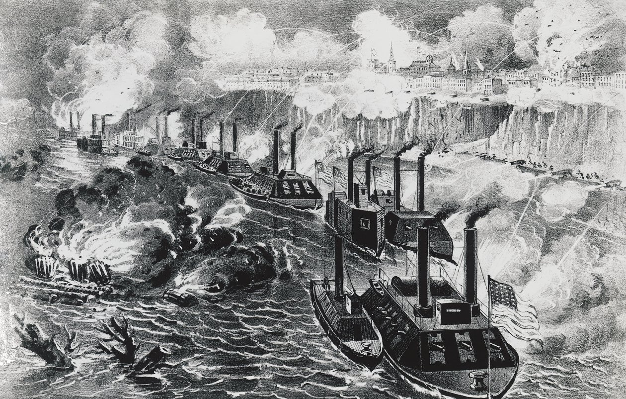 Vloot van admiraal David Dixon Porter doorbreekt de rebellenblokkade op de Mississippi bij Vicksburg, 16 april door J.B. and Brown J. Rowbotham