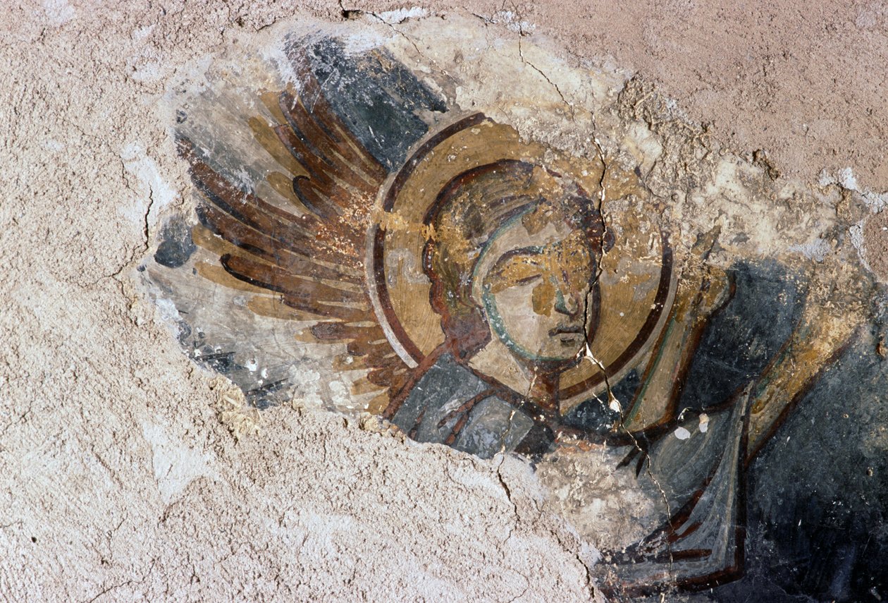 Engel, fresco in de Byzantijnse kerk van Agios Georgios, Apodoulou, Kreta, Griekenland (foto) door J.B. and Brown J. Rowbotham