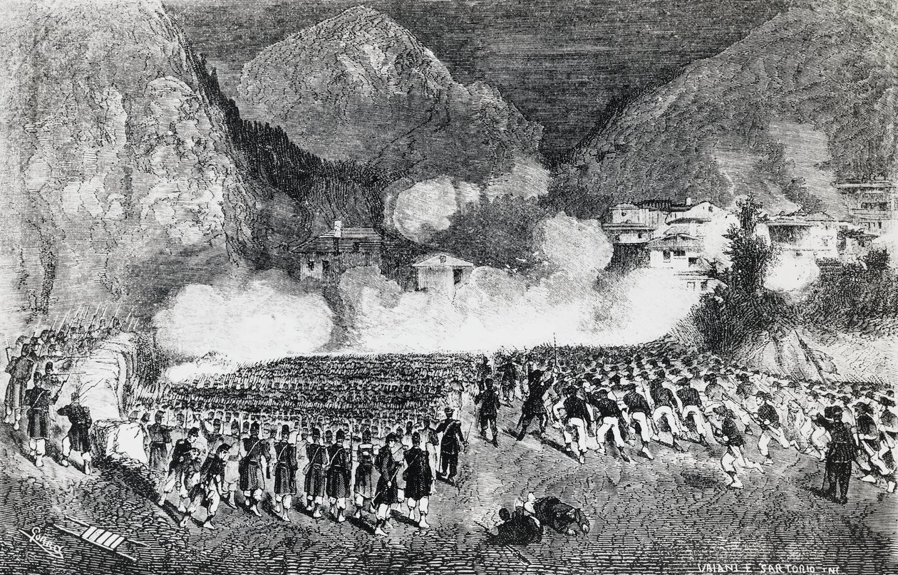 Divisie van generaal Giacomo Medici valt Levico Terme aan, Trentino-Zuid-Tirol, juli 1866, Derde Onafhankelijkheidsoorlog, gravure, Italië door J.B. and Brown J. Rowbotham