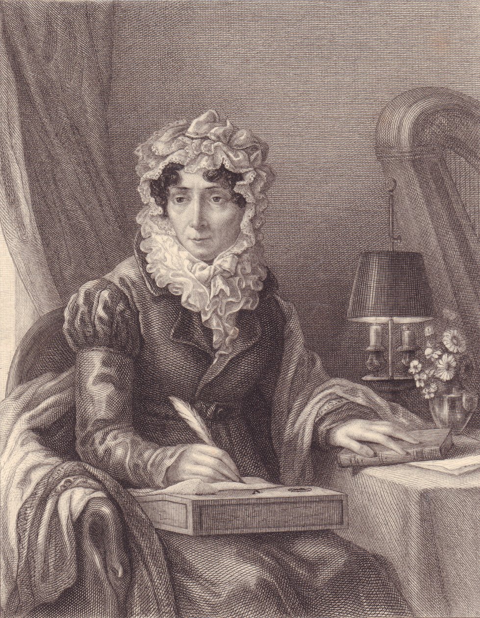 Portret van de Franse schrijfster Stephanie-Felicite Ducrest de Saint Aubin, Madame de Genlis (1746-1830), gravure door J.B. and Brown J. Rowbotham