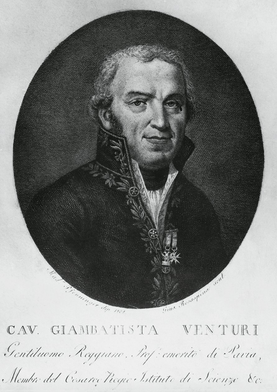 Portret van Giovanni Battista Venturi (1746-1822), Italiaans natuurkundige, diplomaat, wetenschapshistoricus en ontdekker van het Venturi-effect, gravure door J.B. and Brown J. Rowbotham