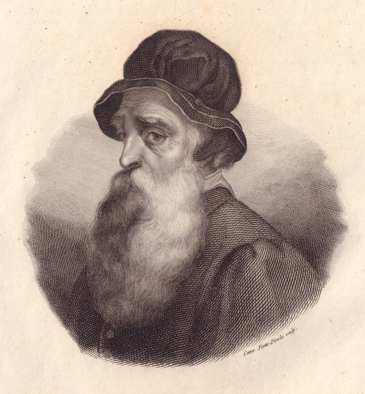 Portret van de Italiaanse beeldhouwer en goudsmid Benvenuto Cellini, kopergravure door Caterina Piotti-Pirola naar schilderij van Giorgio Vasari door J.B. and Brown J. Rowbotham