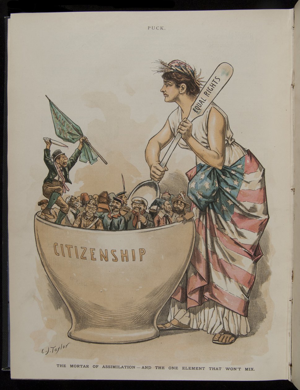 De mortier van assimilatie - en het ene element dat niet wil mengen, illustratie uit Puck Magazine, 26 juni 1889 door C.J. Taylor