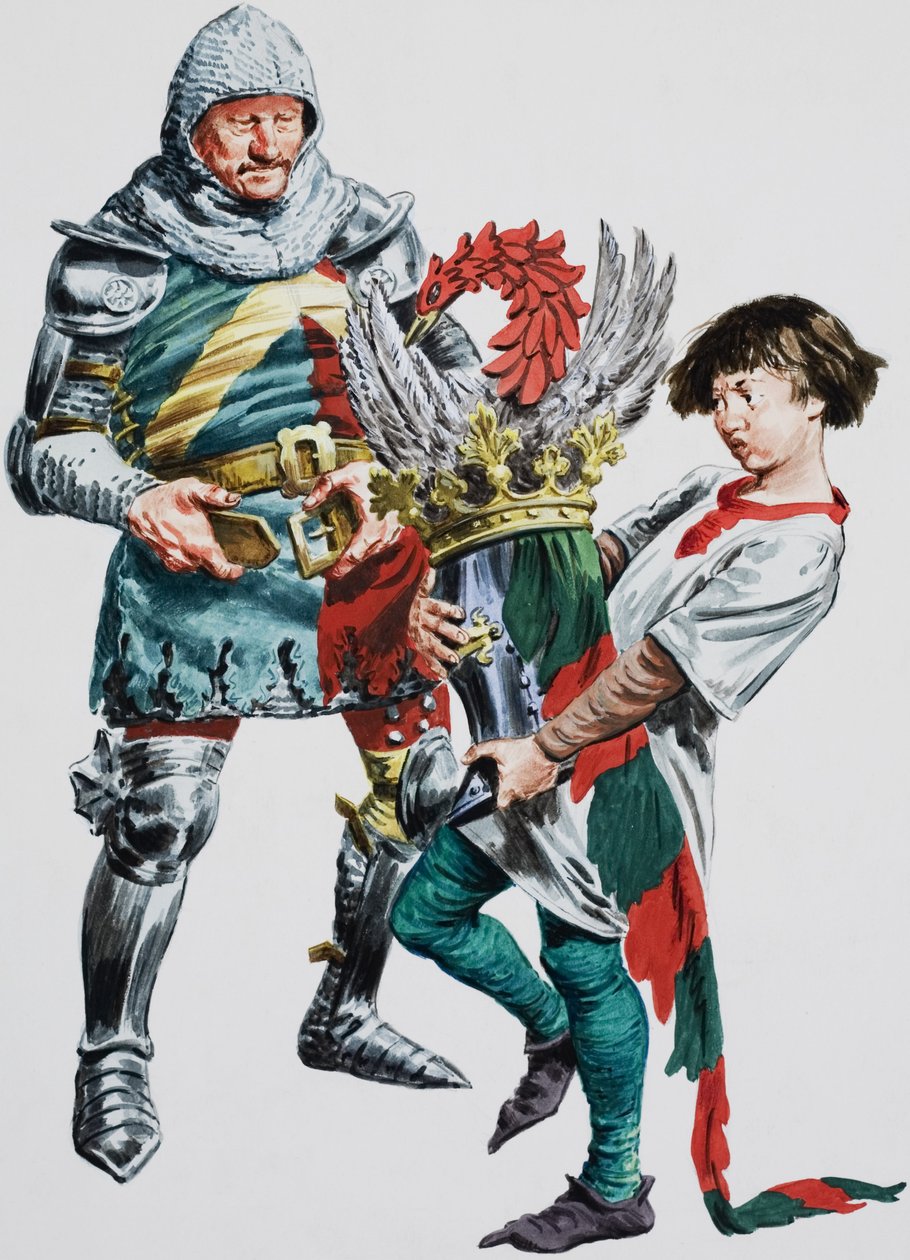 Een ridder die zijn harnas aantrekt (gouache op papier) door C.L. Doughty