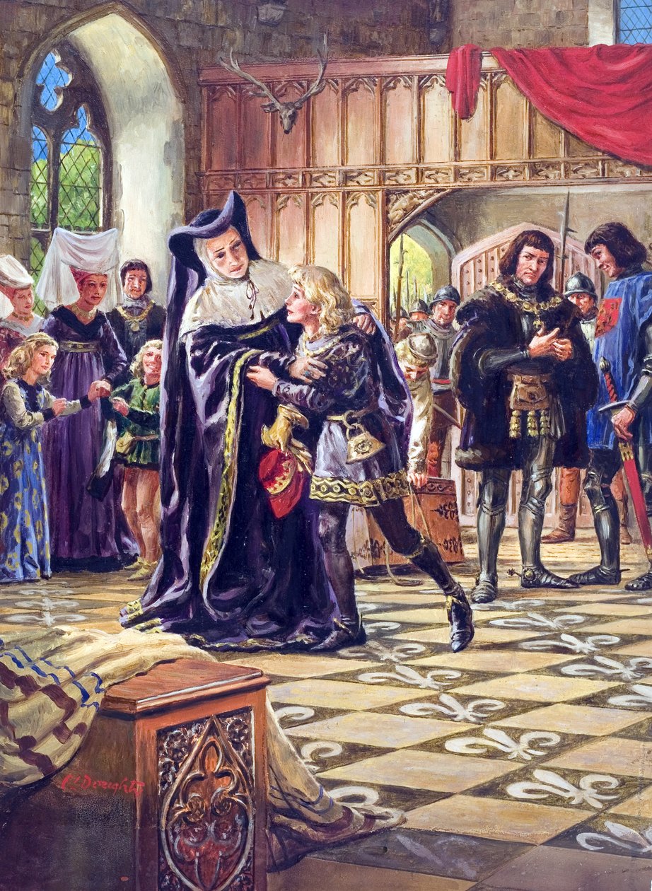 Edward V (1470-83) wordt overgedragen aan de hertog van Gloucester (1452-85) (gouache op papier) door C.L. Doughty