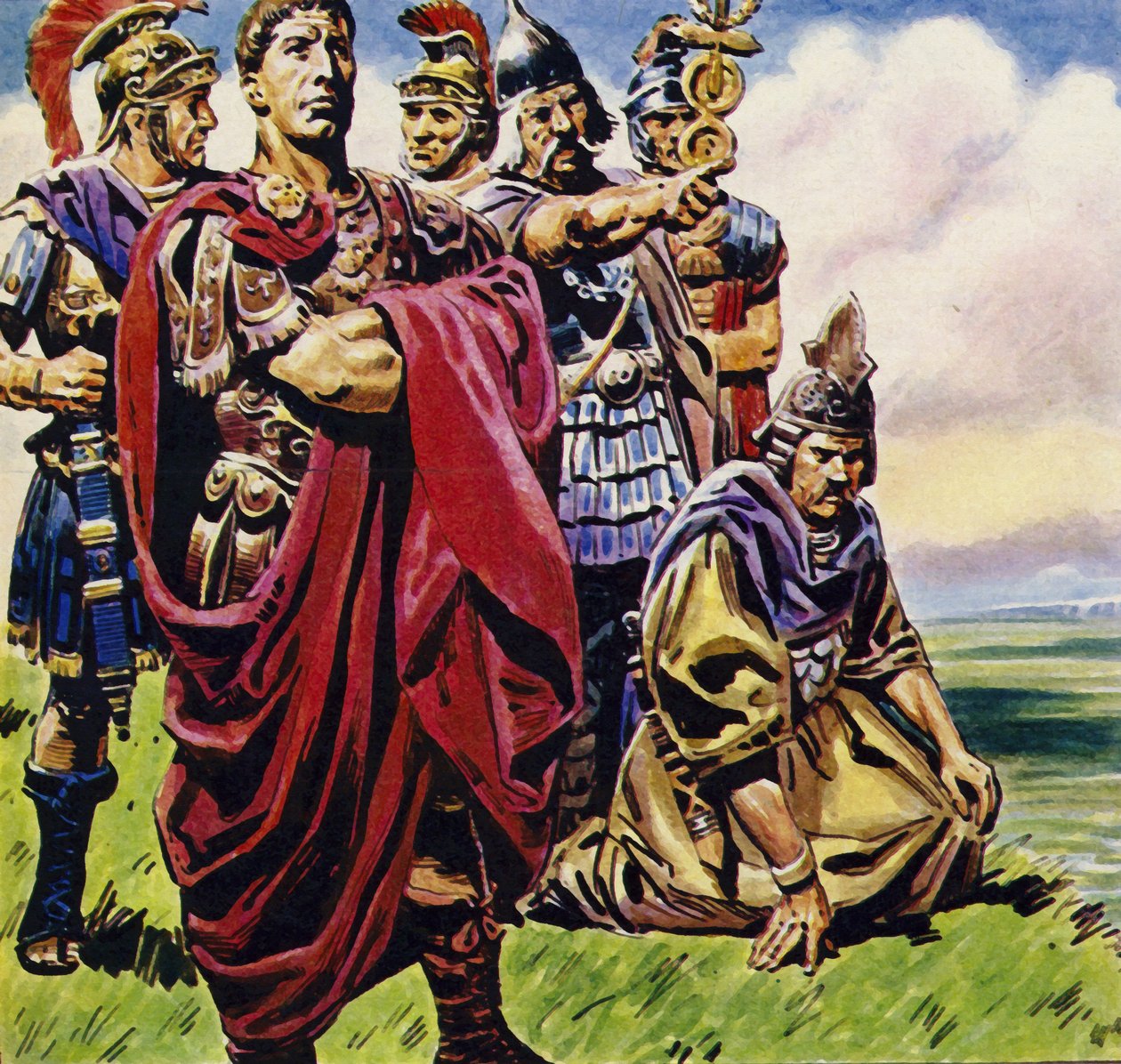 Na de verovering van Gallië zette Julius Caesar zijn zinnen op Brittannië (kleurenlitho) door C.L. Doughty