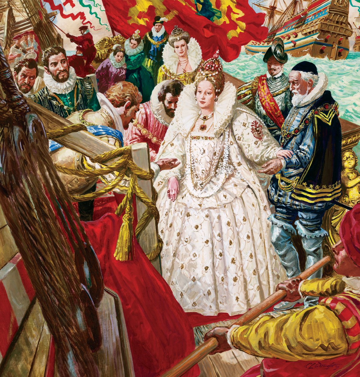 Koningin Elizabeth I (1530-1603) ontscheept, geholpen door Sir Walter Raleigh (1554-1618) (gouache op papier) door C.L. Doughty