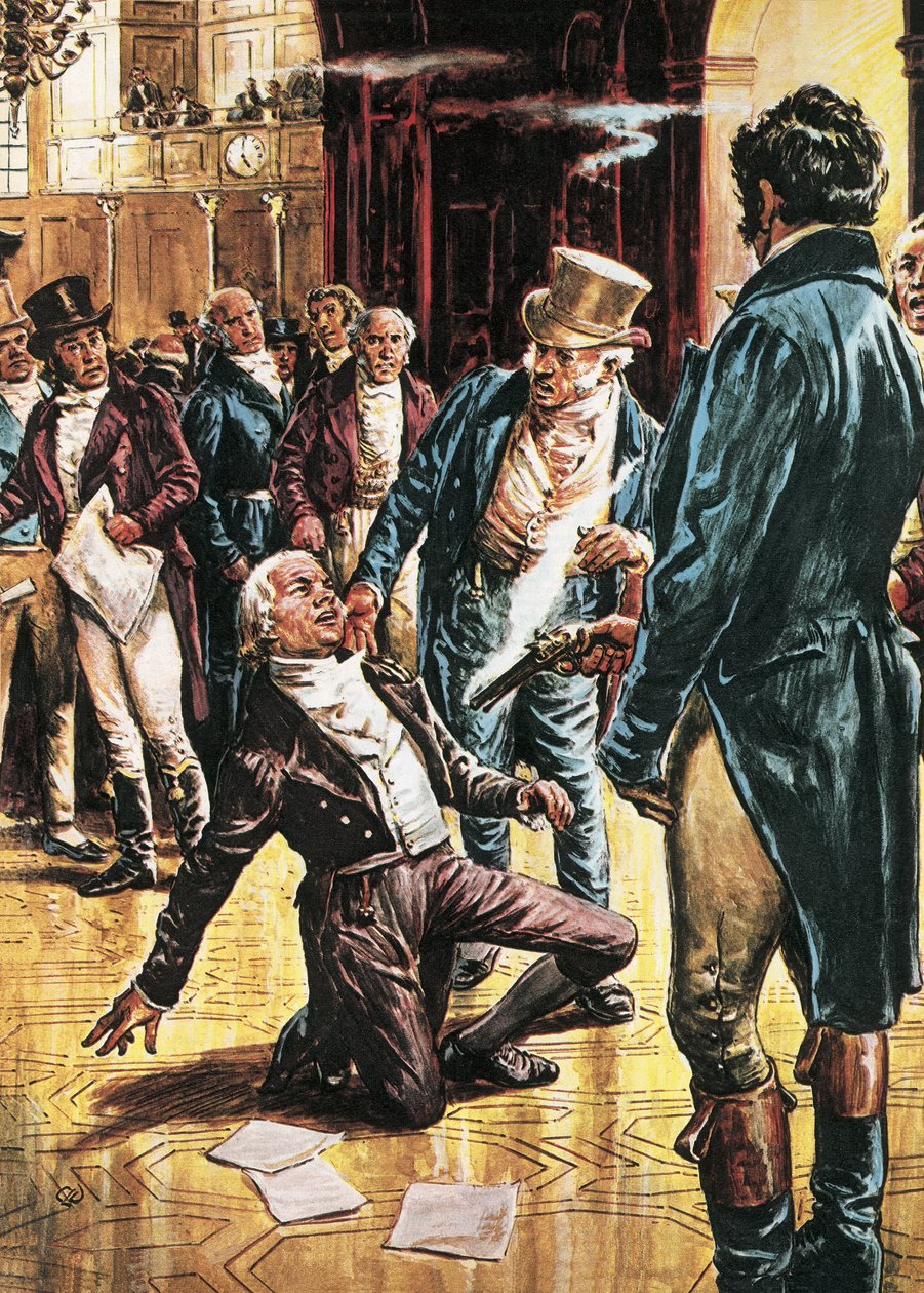 Spencer Perceval wordt vermoord door John Bellingham in het Lagerhuis door C.L. Doughty