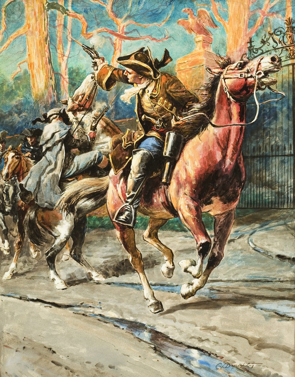 The Exploits of a Highwayman (gouache op papier) Na elke overval leek William Page zichzelf te kunnen wegcijferen - tot de volgende van zijn gedurfde escapades; zijn reeks successen werd gestopt bij een poging tot overval op de Great North Road; door C.L. Doughty