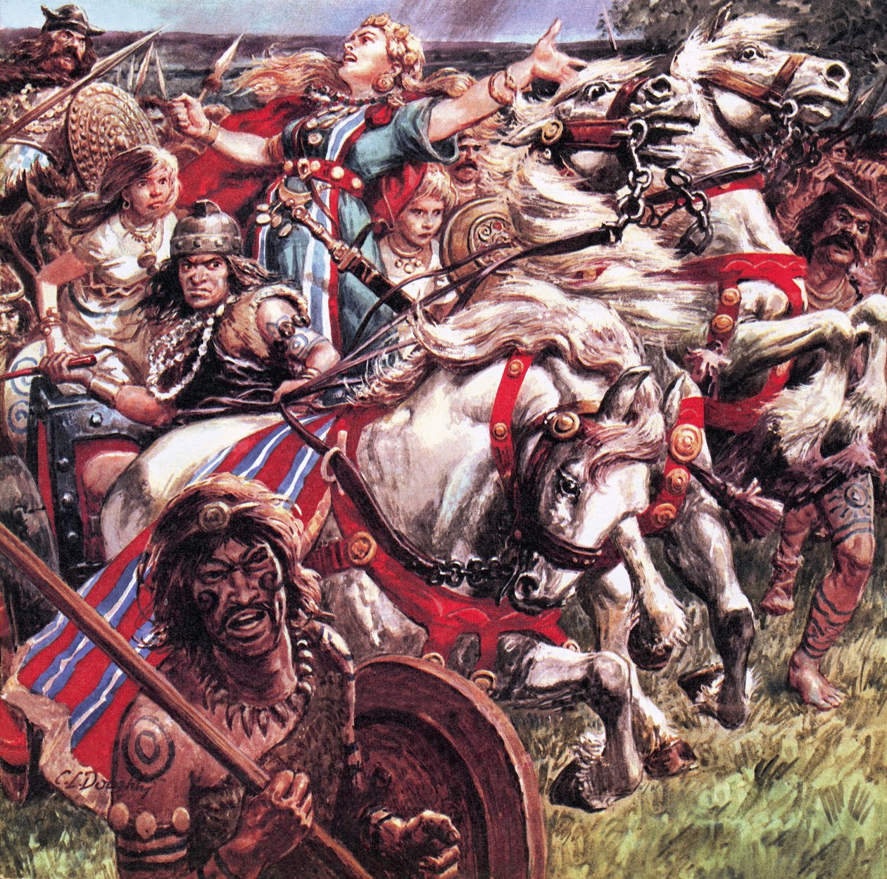 De opstandige koningin. Boadicea zette een leger op tegen de Romeinse indringers en plunderde Colchester en Londen, waarbij duizenden doden vielen, voordat de opstand werd neergeslagen. door C.L. Doughty