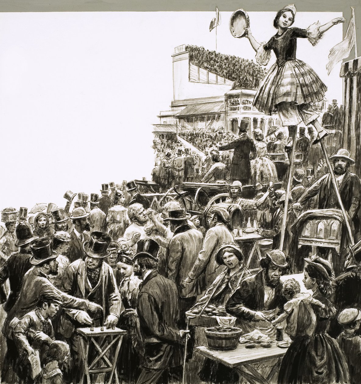 Ongeïdentificeerde scène van straatartiesten en bedriegers door C.L. Doughty