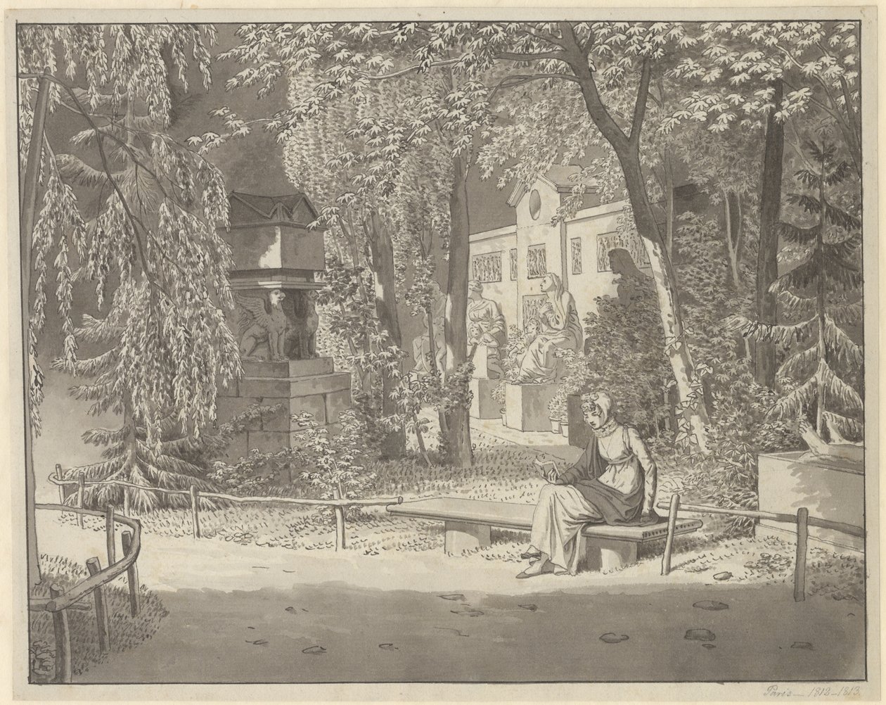 Bij de graven van Descartes en Condé in Jardin Elysée des Petits Augustins, Parijs door Christoffer Wilhelm Eckersberg
