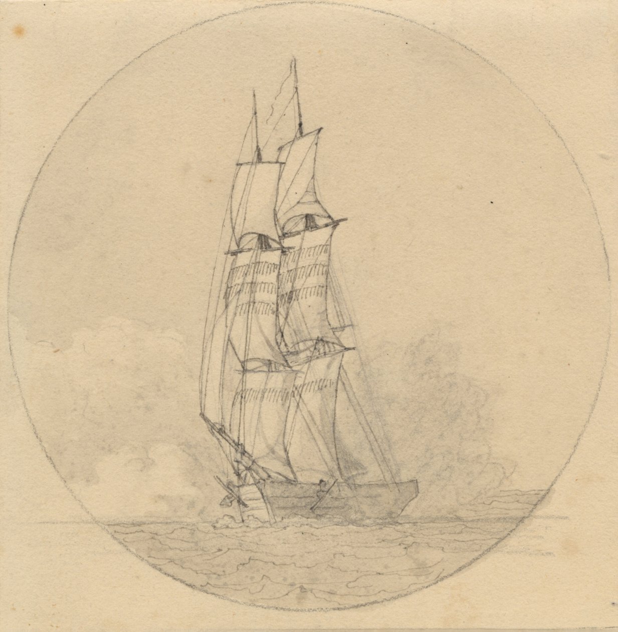 Een brik onder zeil van voren gezien door Christoffer Wilhelm Eckersberg