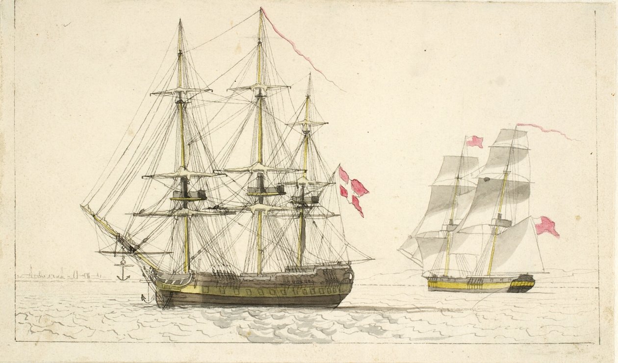 Een Deense fregat voor anker en een Engelse brik onder zeil door Christoffer Wilhelm Eckersberg
