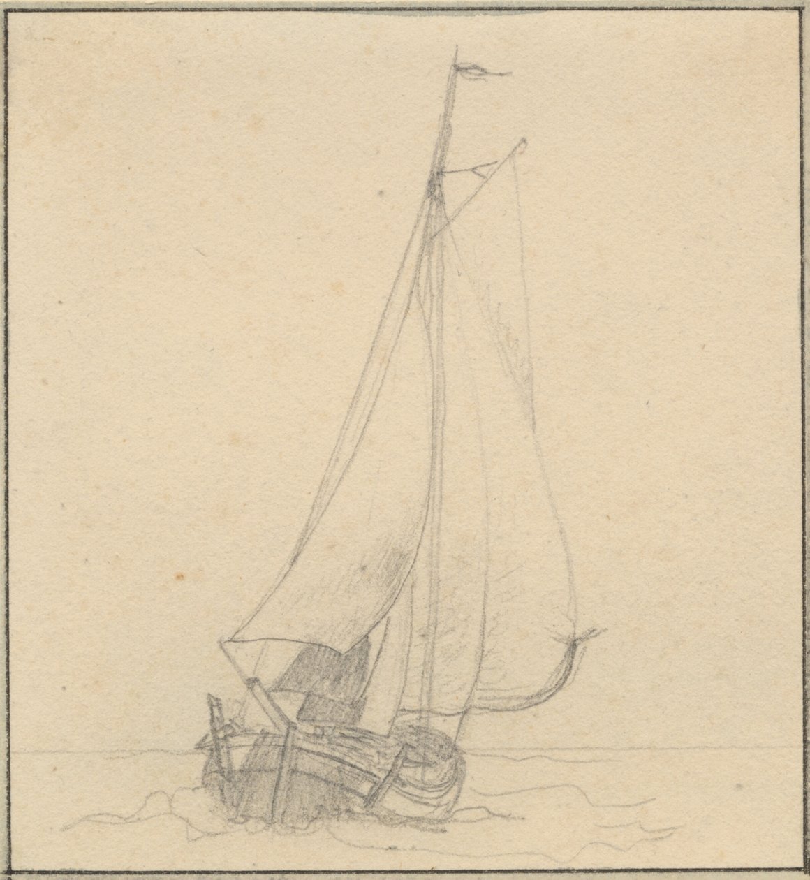 Een jacht onder zeil van voren gezien door Christoffer Wilhelm Eckersberg