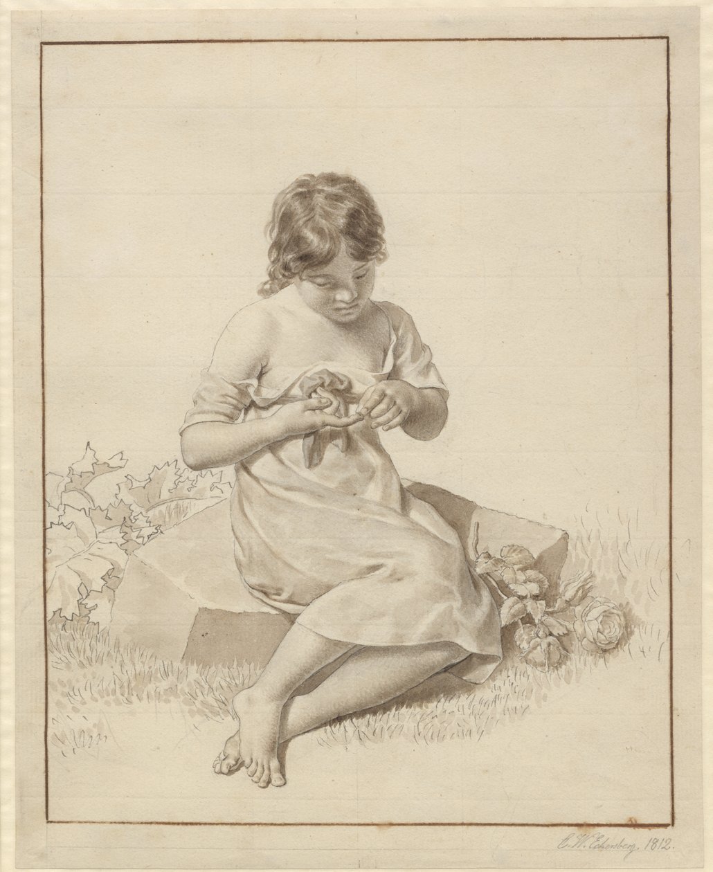 Een klein meisje dat haar vinger heeft geprikt aan een roosdoorn door Christoffer Wilhelm Eckersberg