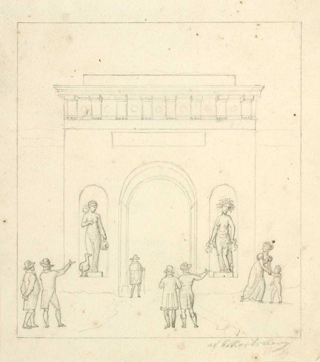 Een triomfboog op de voorgrond met stafeerfiguren door Christoffer Wilhelm Eckersberg