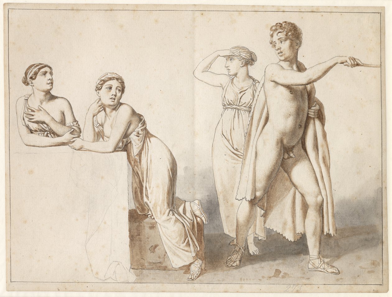 Vier studiefiguren, drie vrouwelijke en een mannelijke in antieke kleding door Christoffer Wilhelm Eckersberg