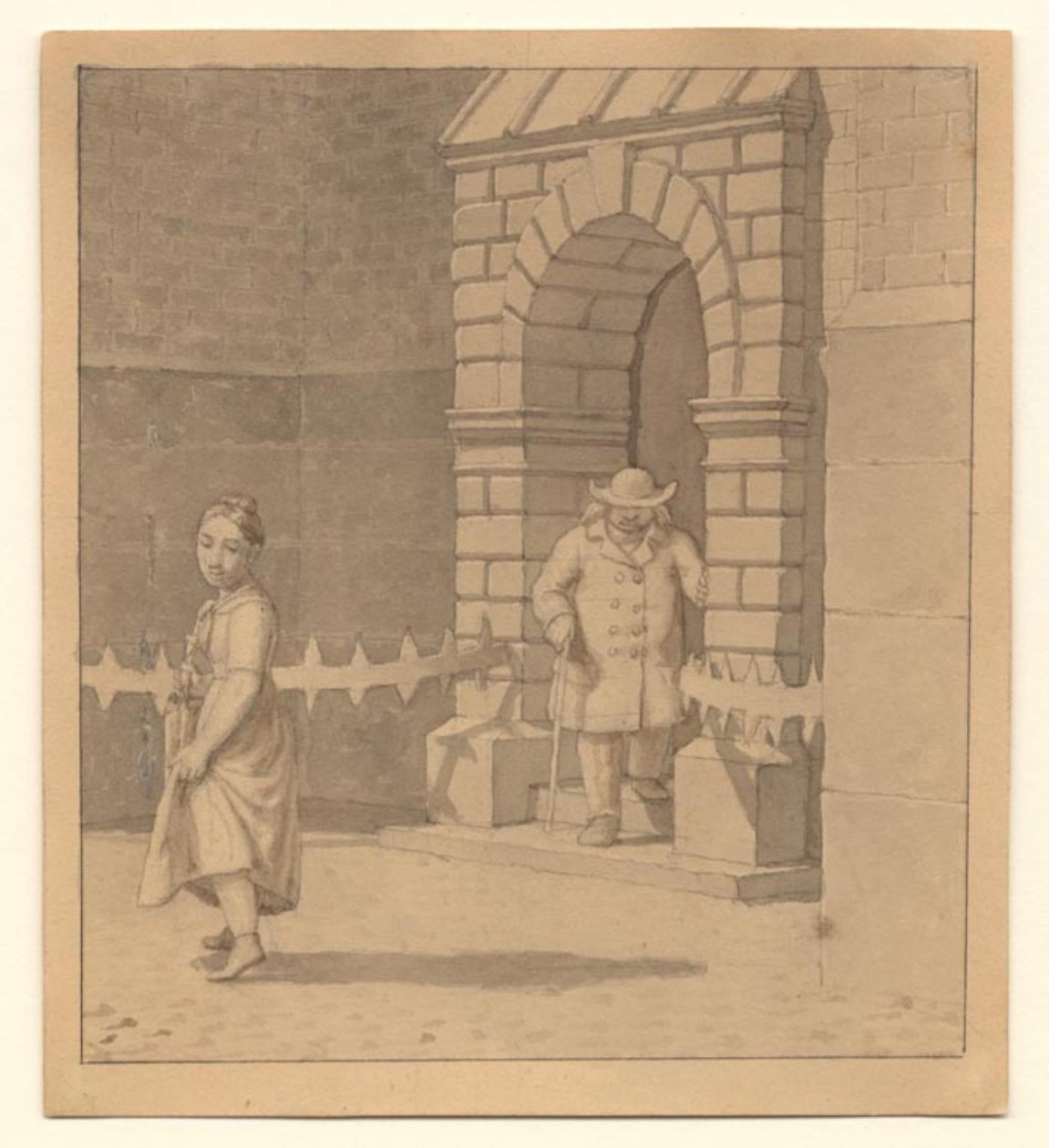 Straatbeeld met een jong meisje dat haar jurk een beetje optilt; op de achtergrond een oudere man met een stok door Christoffer Wilhelm Eckersberg