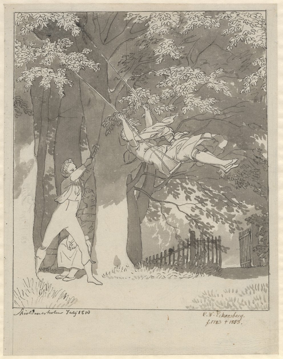 De schommel. Uit het bos bij Skjoldnæsholm door Christoffer Wilhelm Eckersberg