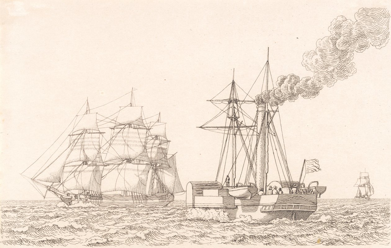 Raderstoomboot en Zeilschip door Christoffer Wilhelm Eckersberg