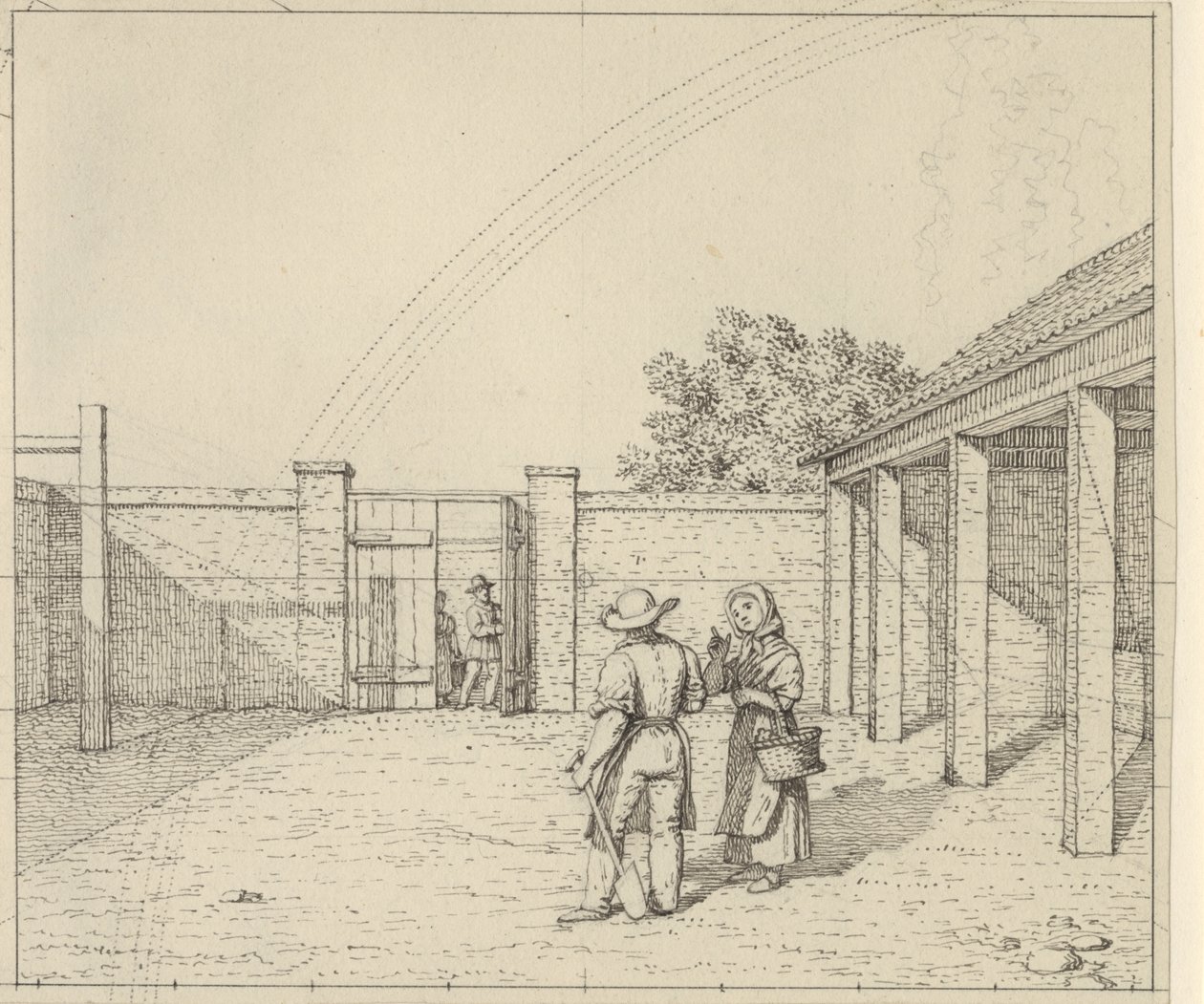 Lineair perspectief toegepast op de schilderkunst - Ontwerp voor niet gebruikte versie van Tafel V,2 - Regenboog over de binnenplaats. door Christoffer Wilhelm Eckersberg