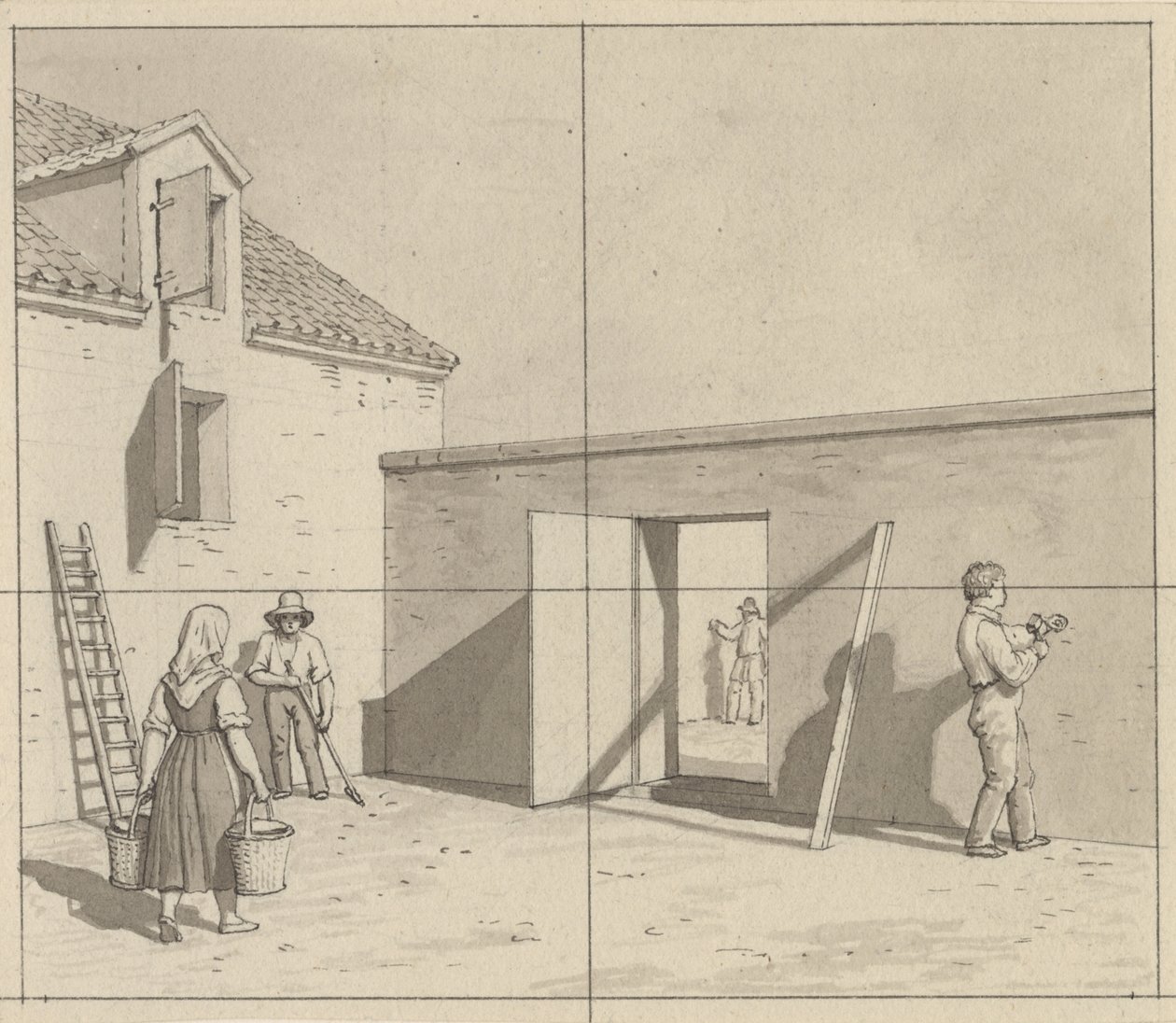 Linearperspectiven, toegepast op schilderkunst - schets voor niet gebruikte illustratie - Deense binnenplaats met vier boeren en ambachtslieden door Christoffer Wilhelm Eckersberg