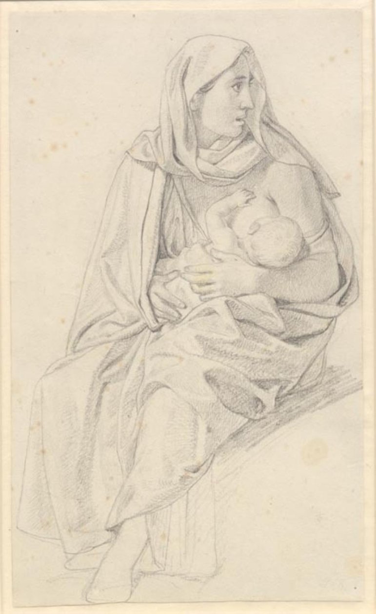 Mozes scheidt de wateren en het leger van de farao wordt verzwolgen - Studie voor een Israëlische moeder en haar kind door Christoffer Wilhelm Eckersberg