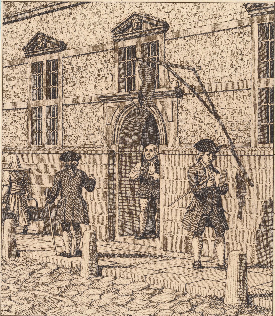 Partij rond een portaal van de beurs. Illustratie voor "Linearperspectiven", Tafel VI door Christoffer Wilhelm Eckersberg