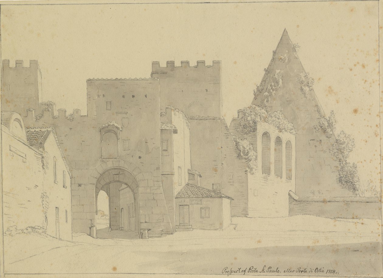 Prospect van Porta S.Paolo en Piramide van Caio Cestio gezien vanaf de stadszijde, Rome door Christoffer Wilhelm Eckersberg