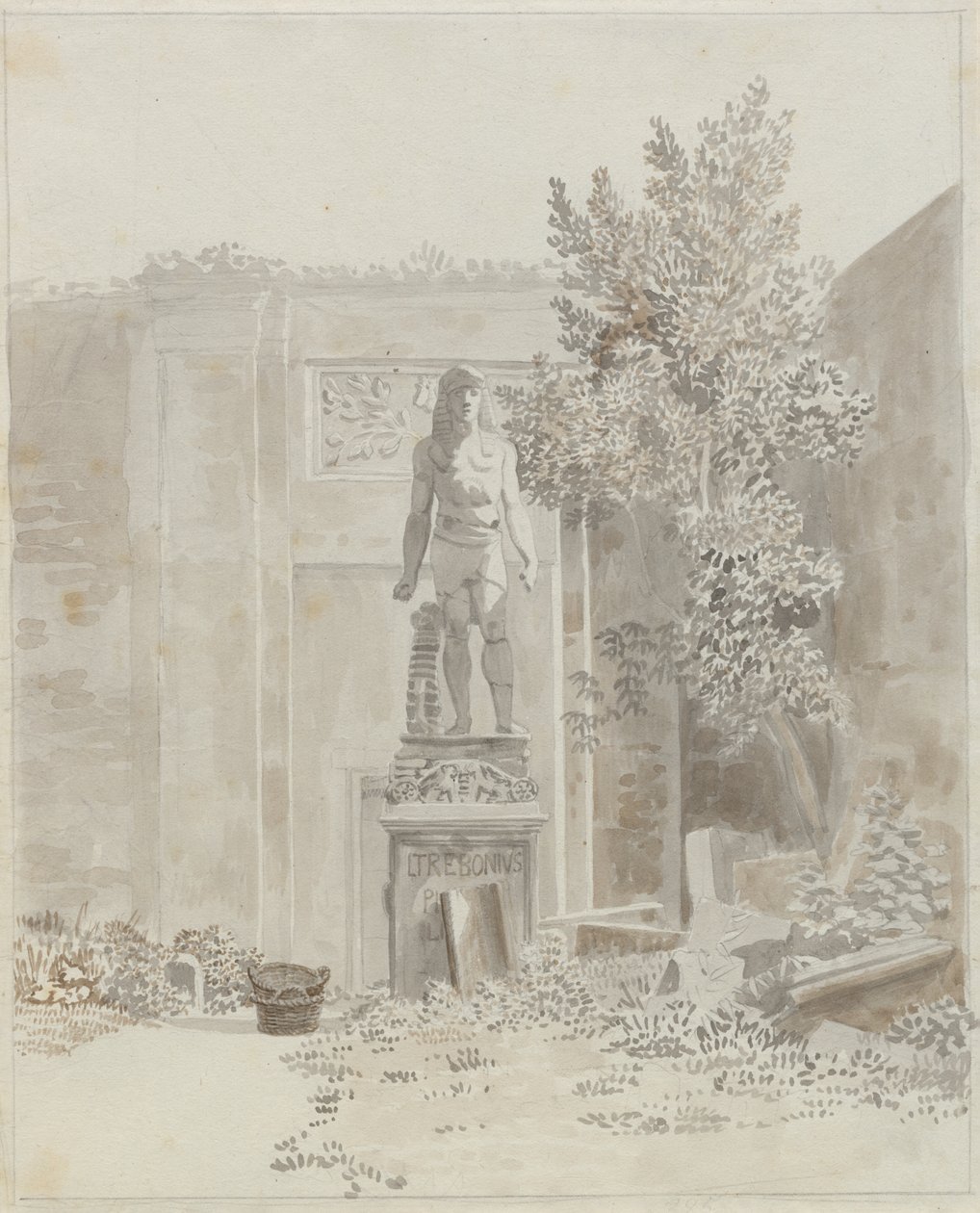 Romeins antiek standbeeld in Egyptische stijl, vermoedelijk in de tuin van Palazzo Barberini door Christoffer Wilhelm Eckersberg