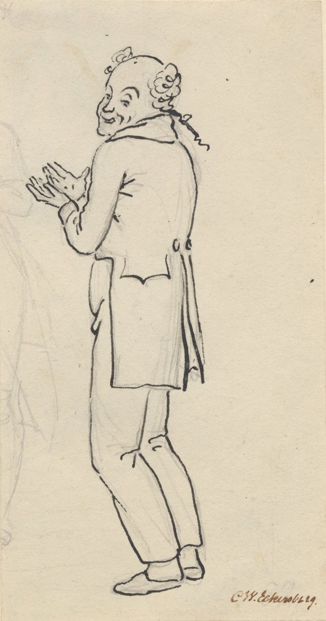 Satirisch blad; een glimlachende man, gezien van opzij, met beide handen voor de borst, en een deel van een lichte potloodschets [afgesneden] door Christoffer Wilhelm Eckersberg