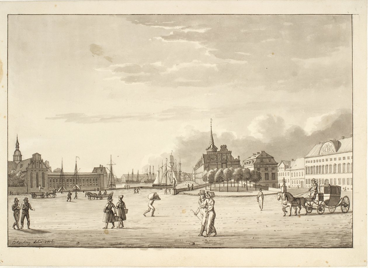 Plein in Kopenhagen met Holmens Kerk, Beurs, de nu verdwenen bank en kanselarijgebouw ("Het Rode Gebouw") door Christoffer Wilhelm Eckersberg