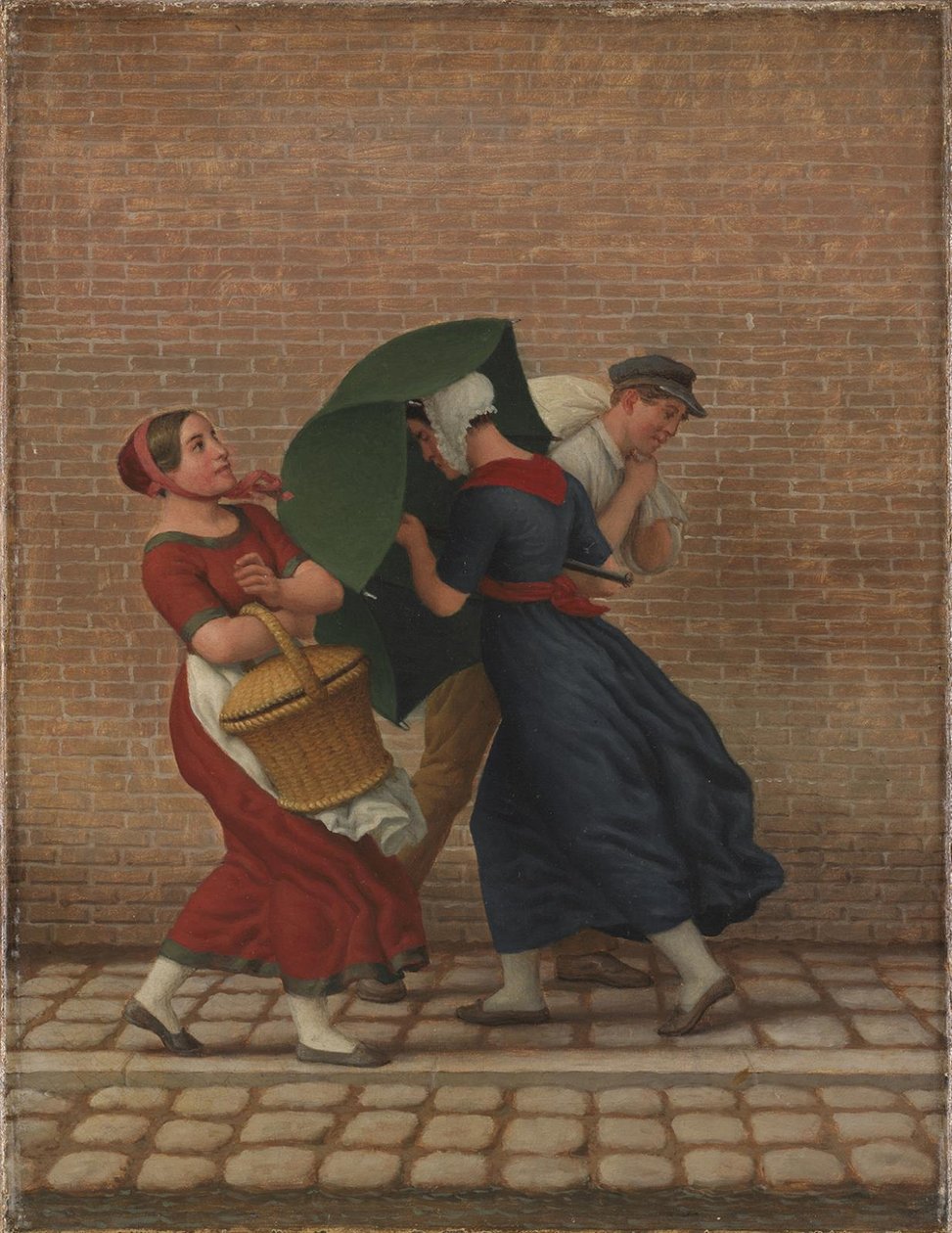 Straatscène in winderig en regenachtig weer door Christoffer Wilhelm Eckersberg