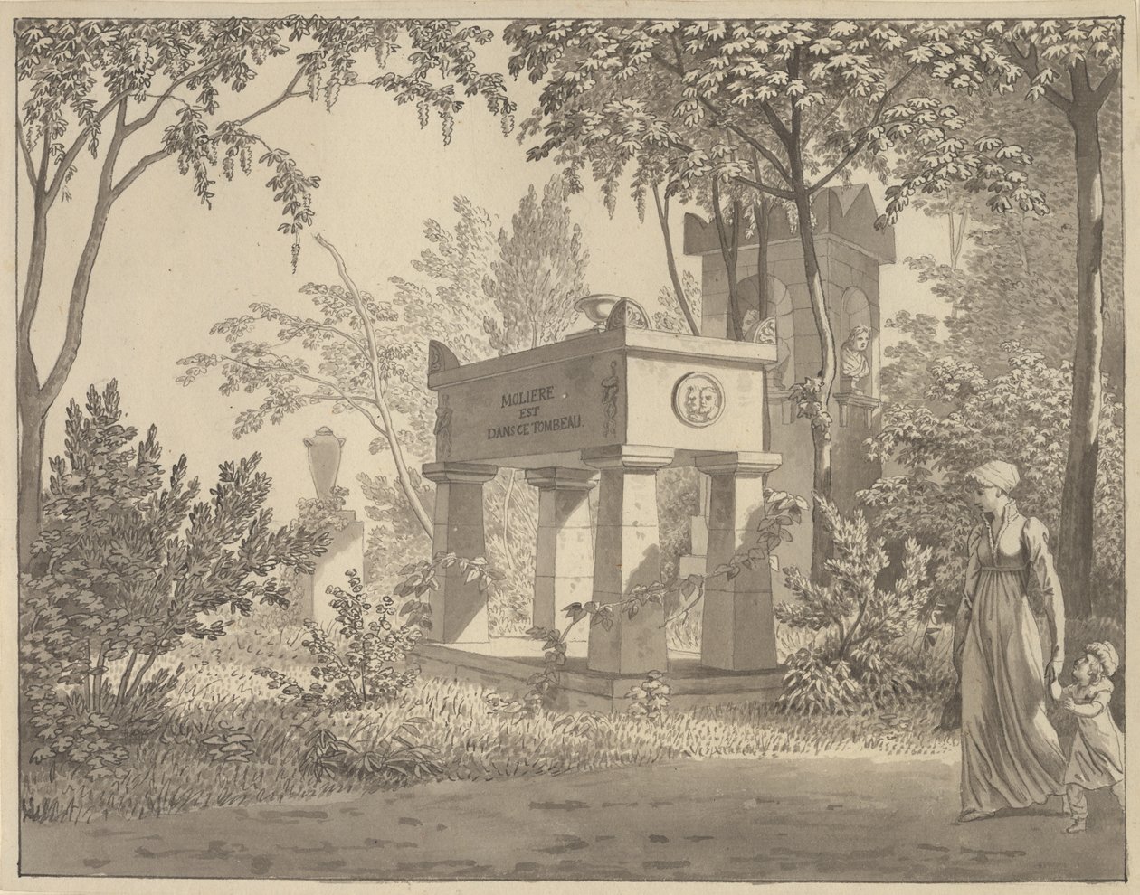 De Molière sarcofaag in de Jardin Elysée door Christoffer Wilhelm Eckersberg