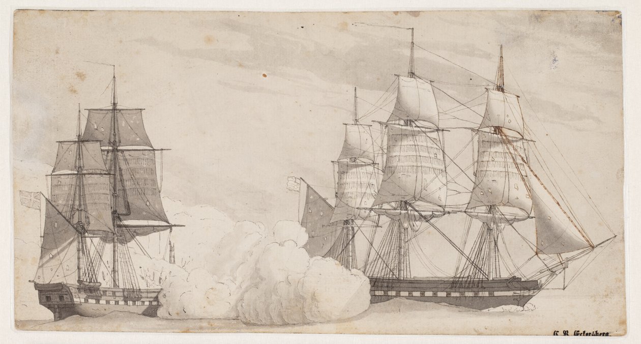 Twee oorlogsschepen in gevecht (de Engelse fregat Shannon en de Amerikaanse fregat Chesapeake?) door Christoffer Wilhelm Eckersberg