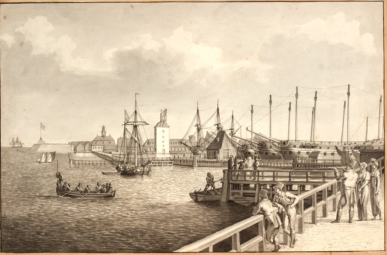 Uitzicht vanaf Langelinie richting Nyholm, rechts de vlootbasis door Christoffer Wilhelm Eckersberg