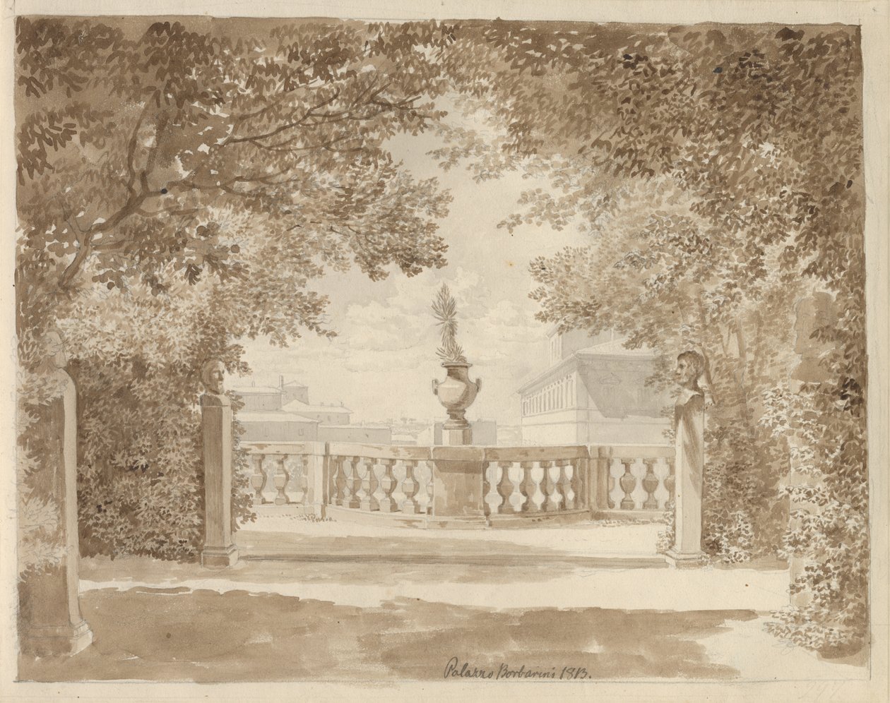 Uitzicht vanaf de tuin van Palazzo Barberini naar het paleis en de Quirinal, Rome door Christoffer Wilhelm Eckersberg