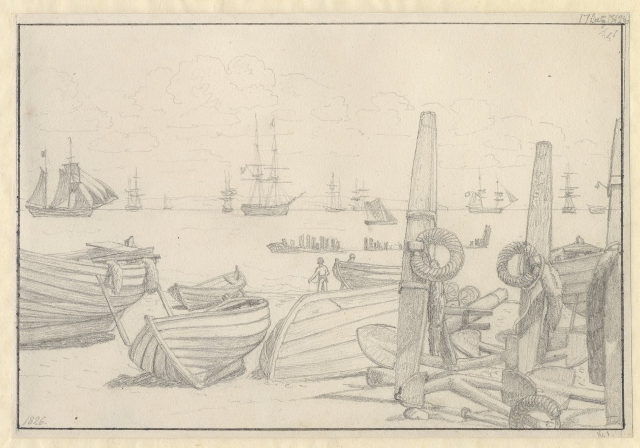 Uitzicht vanaf het strand ten zuiden van Helsingør naar het wachtschip, de brik "Falster" door Christoffer Wilhelm Eckersberg