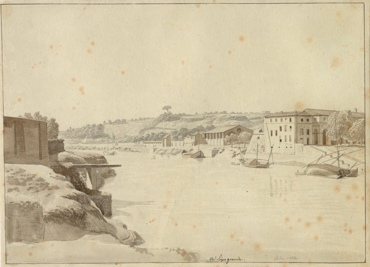 Uitzicht over de Tiber richting Porto di Ripa Grande en Porta Portese gezien vanaf de oever onder Monte Aventino, Rome door Christoffer Wilhelm Eckersberg