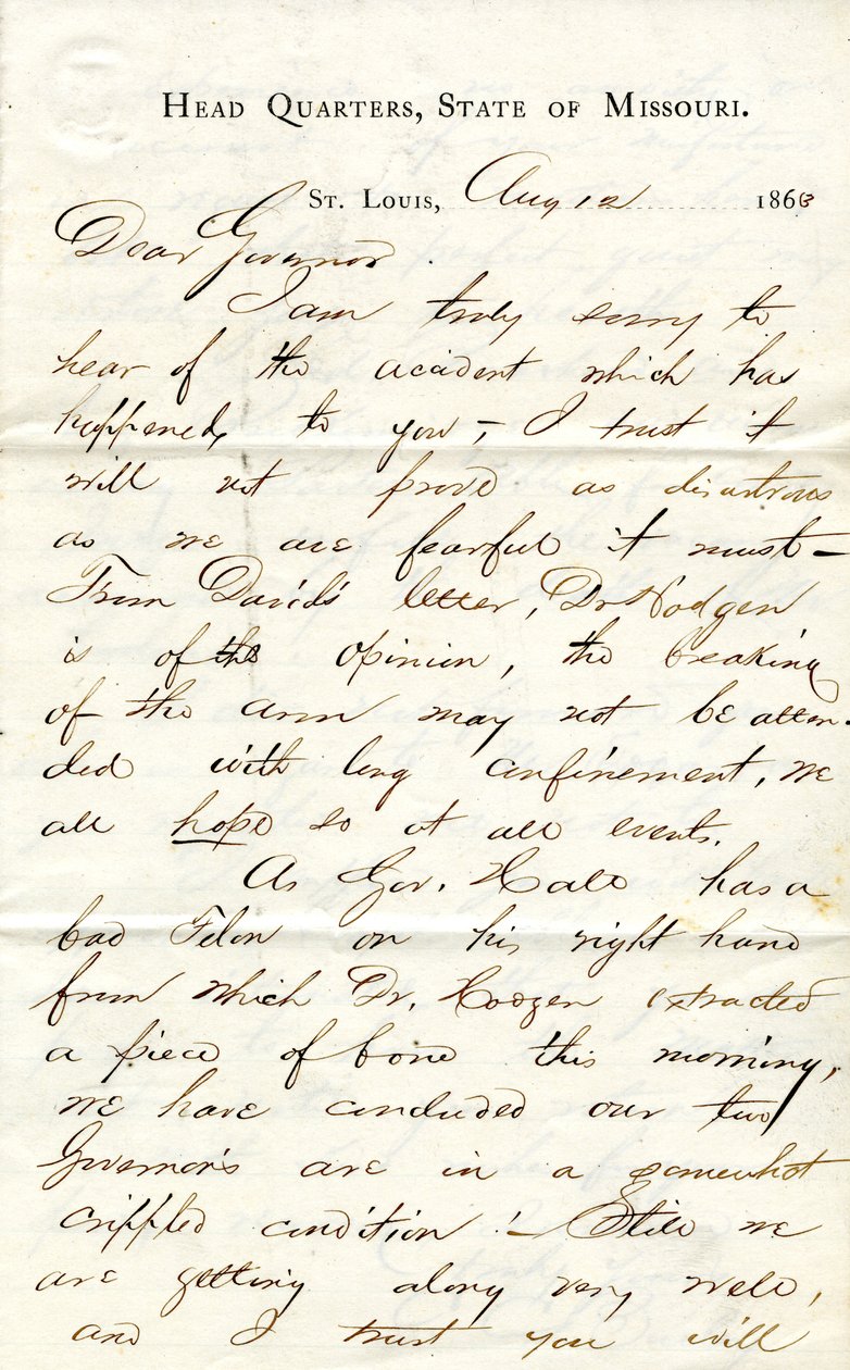 Brief ondertekend C.C. Bailey, Hoofdkwartier, Staat Missouri, St. Louis, aan Gouverneur [Hamilton R. Gamble], 12 augustus 1863 door C. C. Bailey