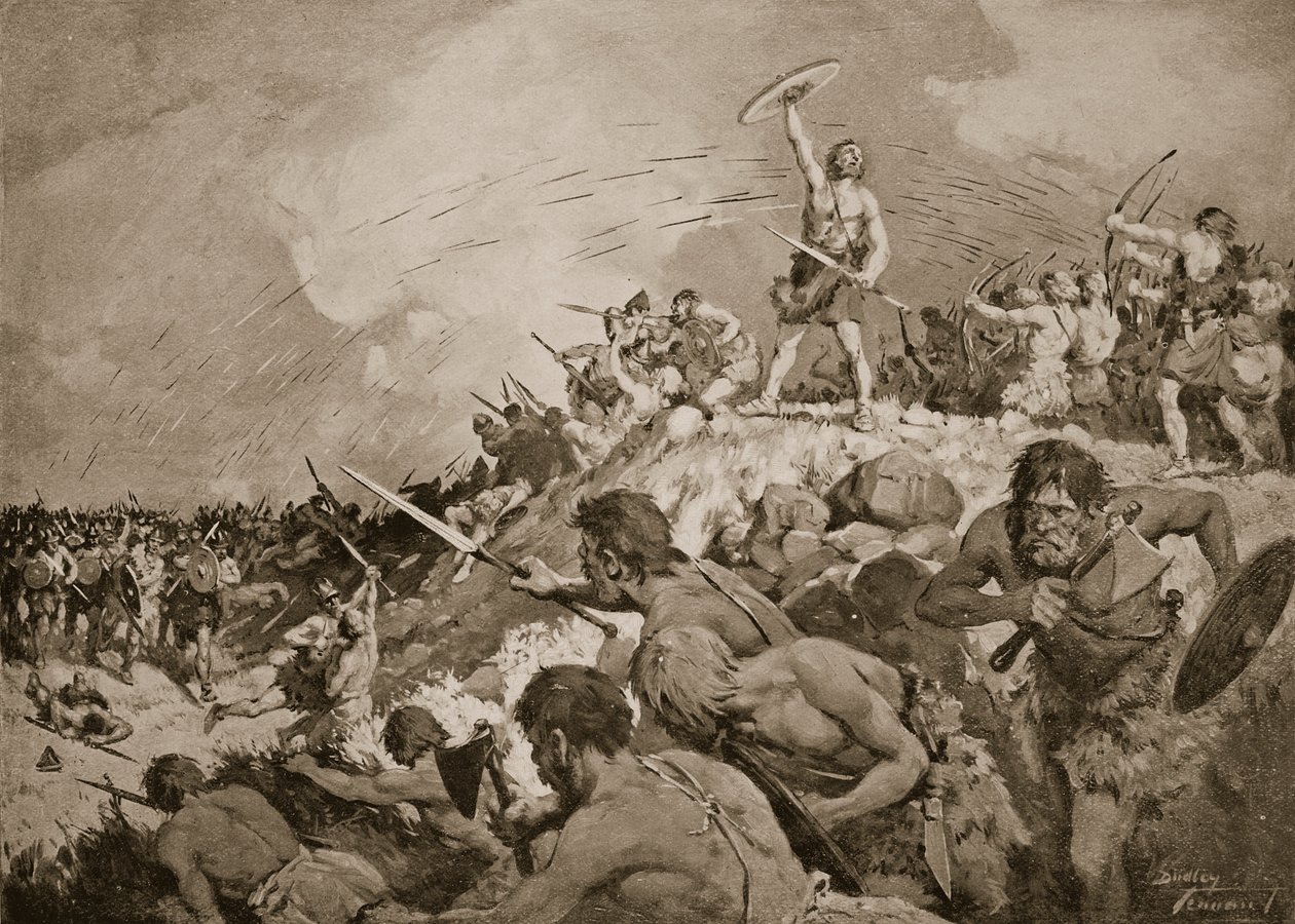 De Slag bij Mons Badonicus, ca. 500 AD, illustratie uit 