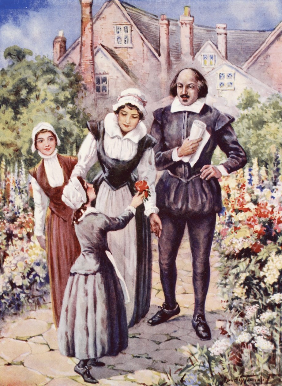 William Shakespeare, met zijn vrouw en twee dochters, in de tuin van New Place, Stratford-upon-Avon door C. Dudley Tennant