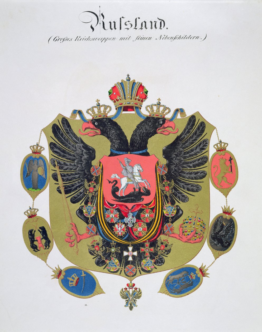 Wapens en schild van de staat van het keizerlijke Rusland, uit een collectie aquarellen gepubliceerd in Duitsland, ca. 1830-33 door C. Hildebrandt