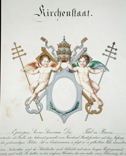 Wapens van de Kerkstaat van het Vaticaan, uit een collectie aquarellen gepubliceerd in Duitsland, ca. 1830-33 door C. Hildebrandt