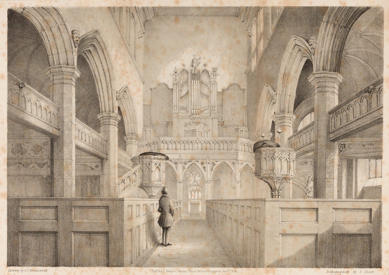 Het interieur van St. Peters, Wolverhampton, gegraveerd door I. Shaw, 1848 door C. J. Greenwood