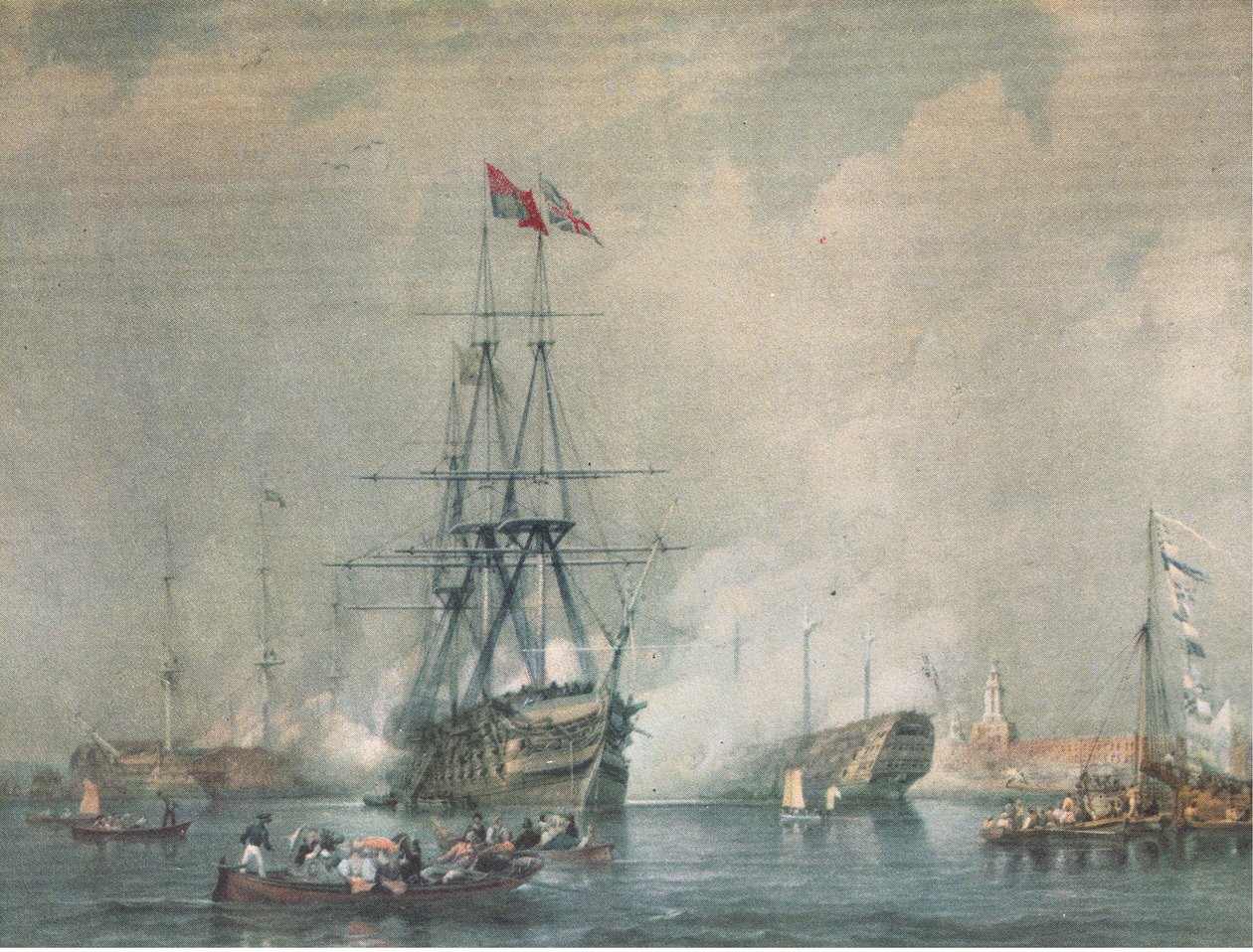 HMS Victory vuurt een koninklijk saluut af in de haven van Portsmouth, uit British Adventure gepubliceerd door Collins, 1947 door C. J. M. Whichello