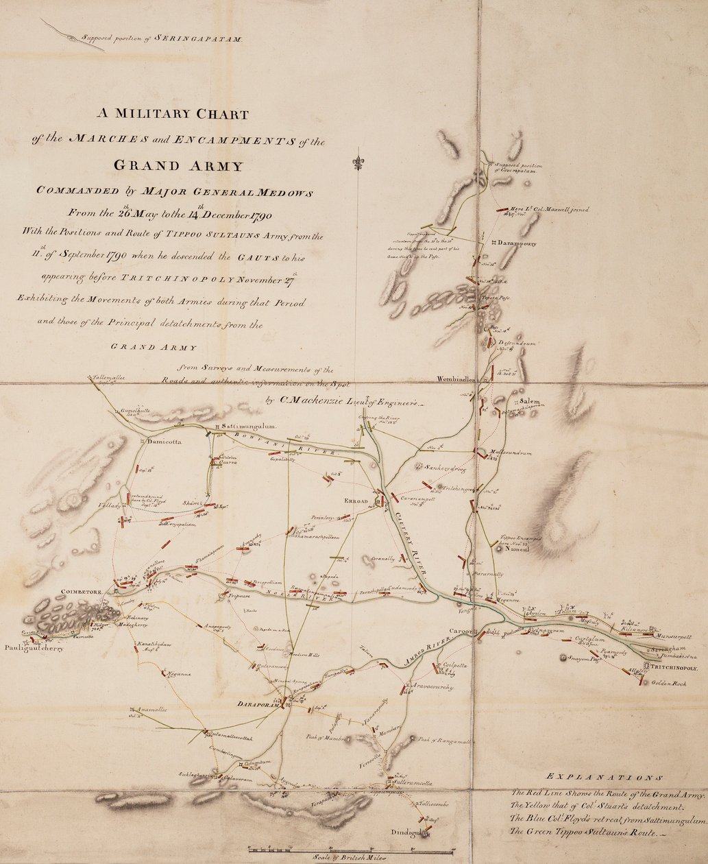 Een militaire kaart van de marsen en kampen van het grote leger onder bevel van generaal-majoor Medows van 26 mei tot 14 december 1790 door C. Mackenzie