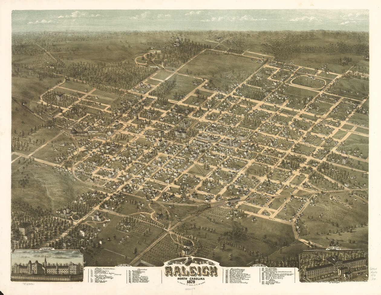 Vogelvlucht van de stad Raleigh, North Carolina 1872 door C. N. Drie