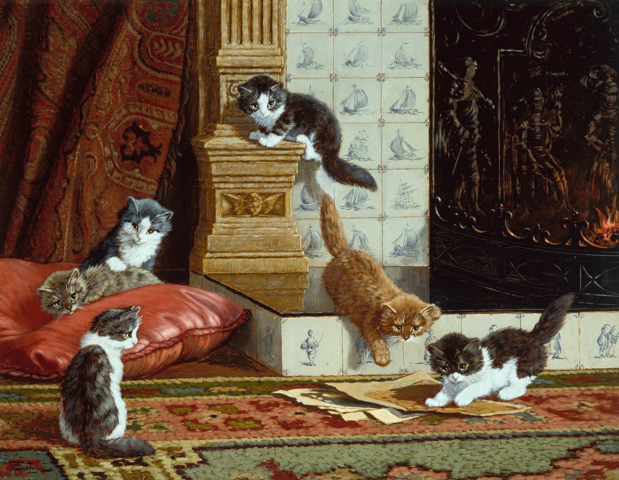 Bij het haardvuur (olieverf op doek) door C. Raaphorst